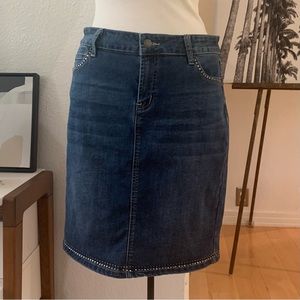 Westport Denim skirt with metal studs on front pockets and hem.